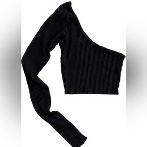 Are You Am I Black One Shoulder Long Sleeve Top